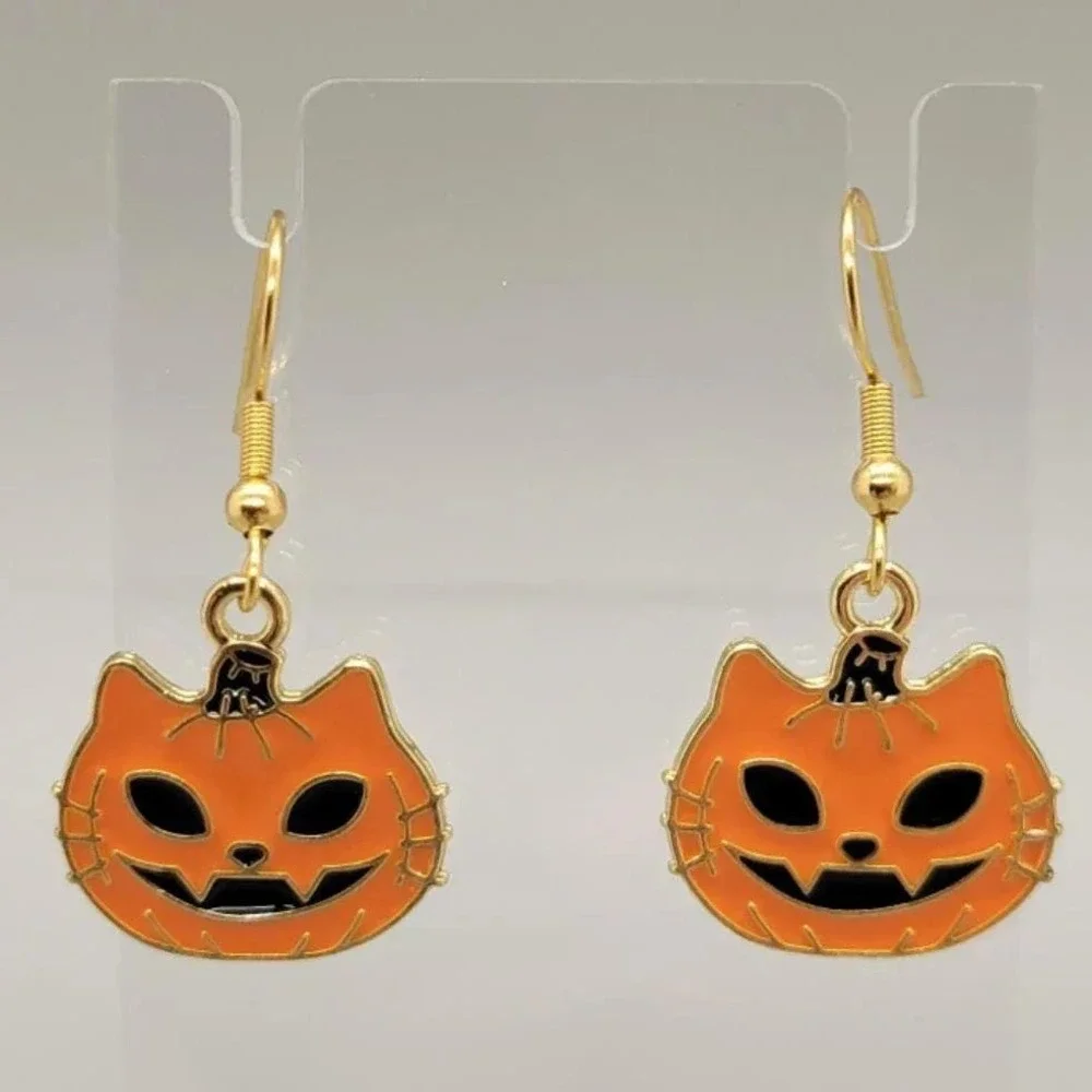 Orange Pumpkin Cat Dangle Earrings, Stainless Steel Hooks, Halloween Jewelry